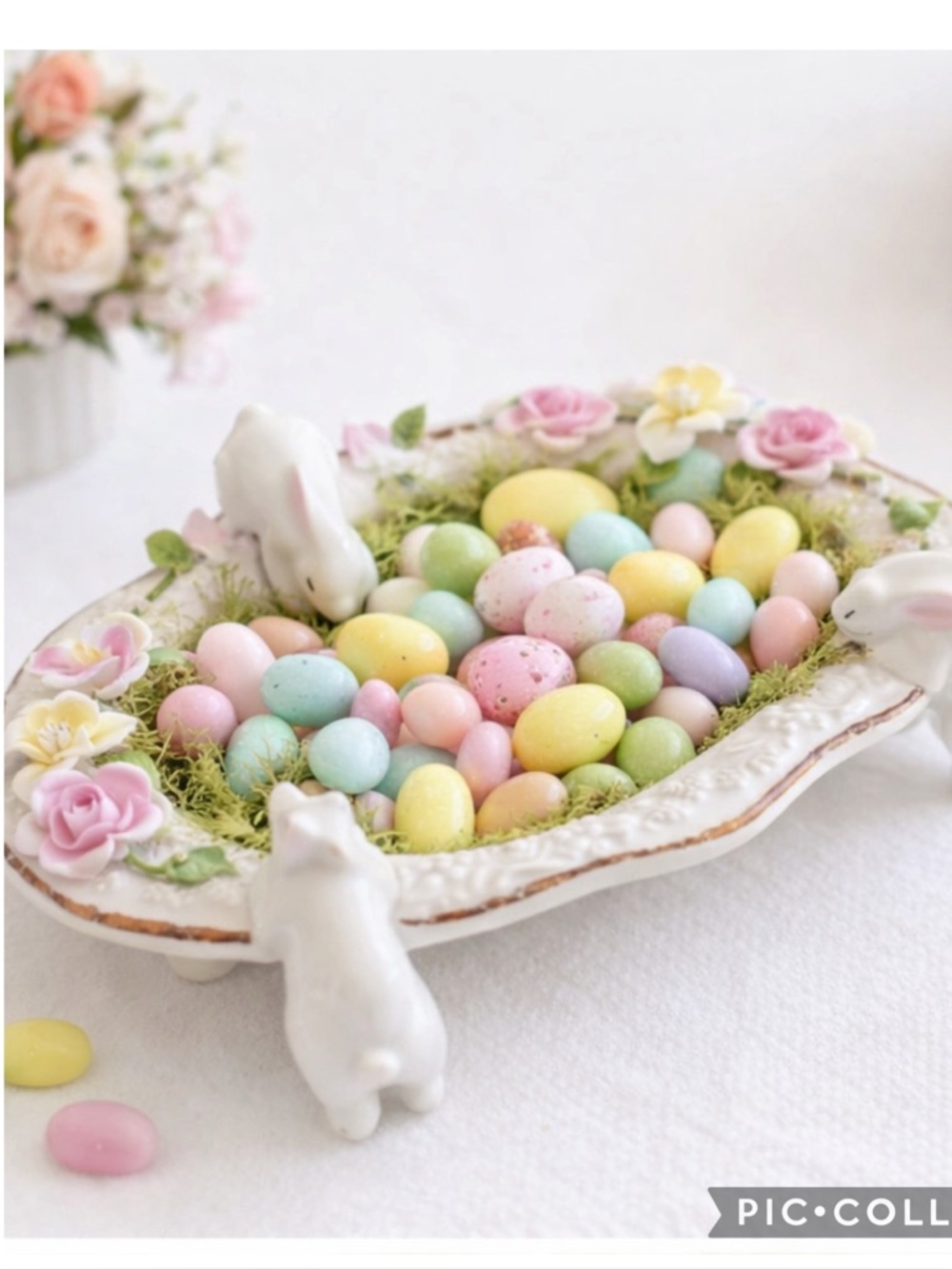 Vintage Floral Ceramic Bunny Candy Dish + Pearl Bunny Figurine Easter Decor